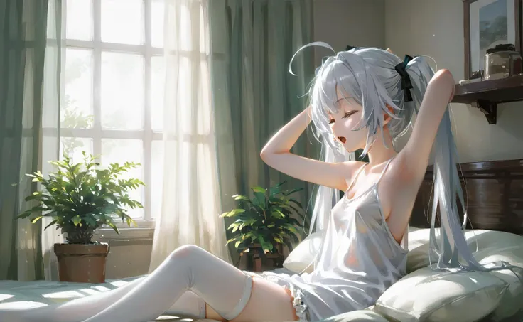 a girl,cute girl,white hair,long hair,twintails,ahoge,big white shirt,arms_up,armpit,half-closed_eyes,open_mouth,nipple_tweak,indoor,Body silhouette,Soft light,lager_breasts,curtains,window,floating,Potted plant,sitting on bed,
score_9,score_8_up,score_7_up,source_anime,zPDXL,from_side,bottomless, 
(masterpiece), (best quality), (ultra-detailed),backlighting,thighhighs,