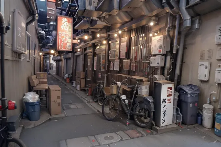 best quality, ultra-detailed, illustration,
sannomiyanishi, storefront, scenery, alley, bicycle, trash can, road, outdoors, street, sign, ground vehicle, real world location, building, photo background, night, industrial pipe, power lines, pavement
 <lora:dai1asahi_sannomiya_nishi_SD15_V1_DIM4:1>