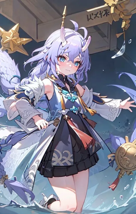 (best quality:1.3),(masterpiece:1.3),(illustration:1.3),(ultra-detailed:1.3),(imid shot:0.9),
1girl, solo, very young, upper body, short neck, small breasts, child
(soaking in stream:1.2),
dragon tail, female child, ahoge,
blue eyes, jewel-like eyes, extremely detailed eyes, extremely detailed face, closed mouth, smile, happy, naughty face,
water, fish, ocean, two horns , Chinese clothes, eastern dragon,
