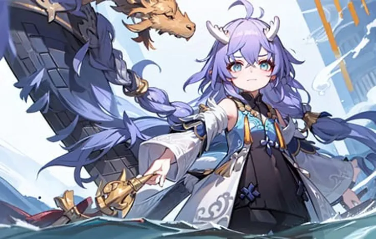 (best quality:1.3),(masterpiece:1.3),(illustration:1.3),(ultra-detailed:1.3),(imid shot:0.9),
1girl, solo, very young, upper body, short neck, small breasts, child
(soaking in stream:1.2),
dragon tail, female child, ahoge,
blue eyes, jewel-like eyes, extremely detailed eyes, extremely detailed face, closed mouth, smile, happy, naughty face,
water, fish, ocean, two horns , Chinese clothes, eastern dragon,