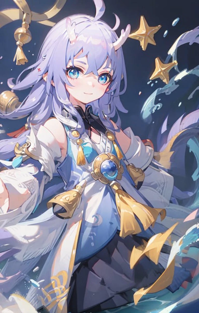 (best quality:1.3),(masterpiece:1.3),(illustration:1.3),(ultra-detailed:1.3),(imid shot:0.9),
1girl, solo, very young, upper body, short neck, small breasts, child
(soaking in stream:1.2),
dragon tail, female child, ahoge,
blue eyes, jewel-like eyes, extremely detailed eyes, extremely detailed face, closed mouth, smile, happy, naughty face,
water, fish, ocean, two horns , Chinese clothes, eastern dragon,