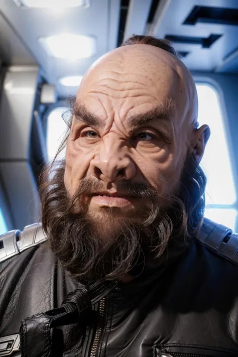 headshot of a tellarite man, pig nose, facial hair, beard, mustache, black hair, wrinkly skin, sci-fi starship background, <lora:race_st_tellarite:0.8>