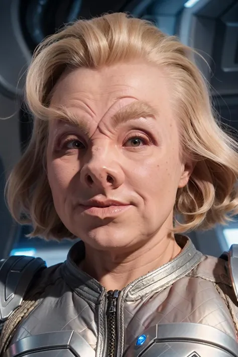 headshot of a tellarite woman, pig nose, blond hair, wrinkly skin,  sci-fi starship background, <lora:race_st_tellarite:0.8>