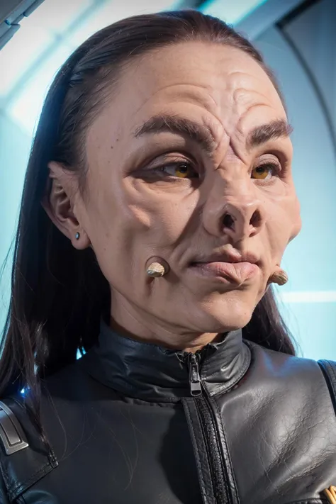 headshot of a tellarite woman, pig nose, black hair, tusks, sci-fi starship background, <lora:race_st_tellarite:0.8>