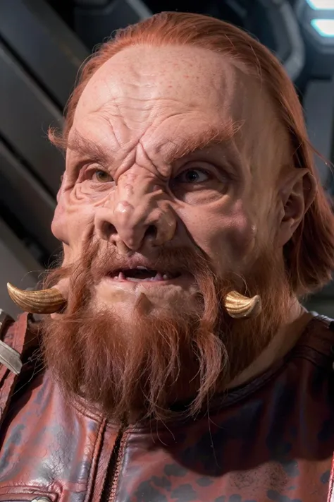headshot of a tellarite man, pig nose, tusks, facial hair, beard, mustache, red hair, wrinkly skin, sci-fi starship background, <lora:race_st_tellarite:0.8>