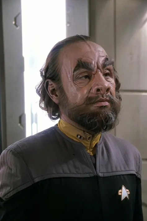 headshot of a tellarite man, pig nose, facial hair, beard, mustache, black hair, wrinkly skin, sci-fi starship background, wearing black and yellow ds9st uniform, <lora:race_st_tellarite:0.8>, <lora:DS9_768V12:0.8>