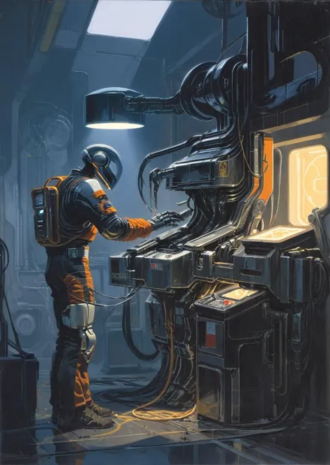 concept art by syd mead, retro futuristic,
d3qck artstyle
worker overalls, fixing a robot, factory, shadows dramatic lighting
 [(details:1.2): [ (many small details:1.3) : [ (many ultrasmall details: 1.2):(very detailed ultrasmall edges and microrelief:1.5):0.7 ]: 0.4 ] :0.2]
<lora:d3qck artstyle:0.7>
<lora:concept_art_syd_mead:0.7>