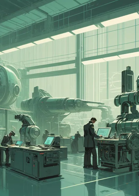 concept art by syd mead by James Gilleard
in  a factory controlled by AI,  robot workers are working hard,
perspective , vanishing point,
shadow, flat color, chrome, 
retro dystopian futuristic
<lora:FF-Style-James_Gilleard:0.7>
<lora:concept_art_syd_mead:0.5>
[(details:1.2): [ (many small details:1.3) : [ (many ultrasmall details: 1.2):(very detailed ultrasmall edges and microrelief:1.5):0.7 ]: 0.4 ] :0.2]