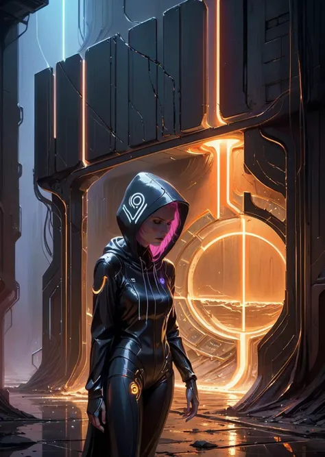 concept art by syd mead, retro futuristic,
d3qck artstyle
 photo , realistic 
a woman with medium-length colorful hair wearing hoodie walking under a broken sign in an alleyway
glowing particles
[(details:1.2): [ (many small details:1.3) : [ (many ultrasmall details: 1.2):(very detailed ultrasmall edges and microrelief:1.5):0.7 ]: 0.4 ] :0.2]
<lora:d3qck artstyle:0.7>
<lora:concept_art_syd_mead:0.7>