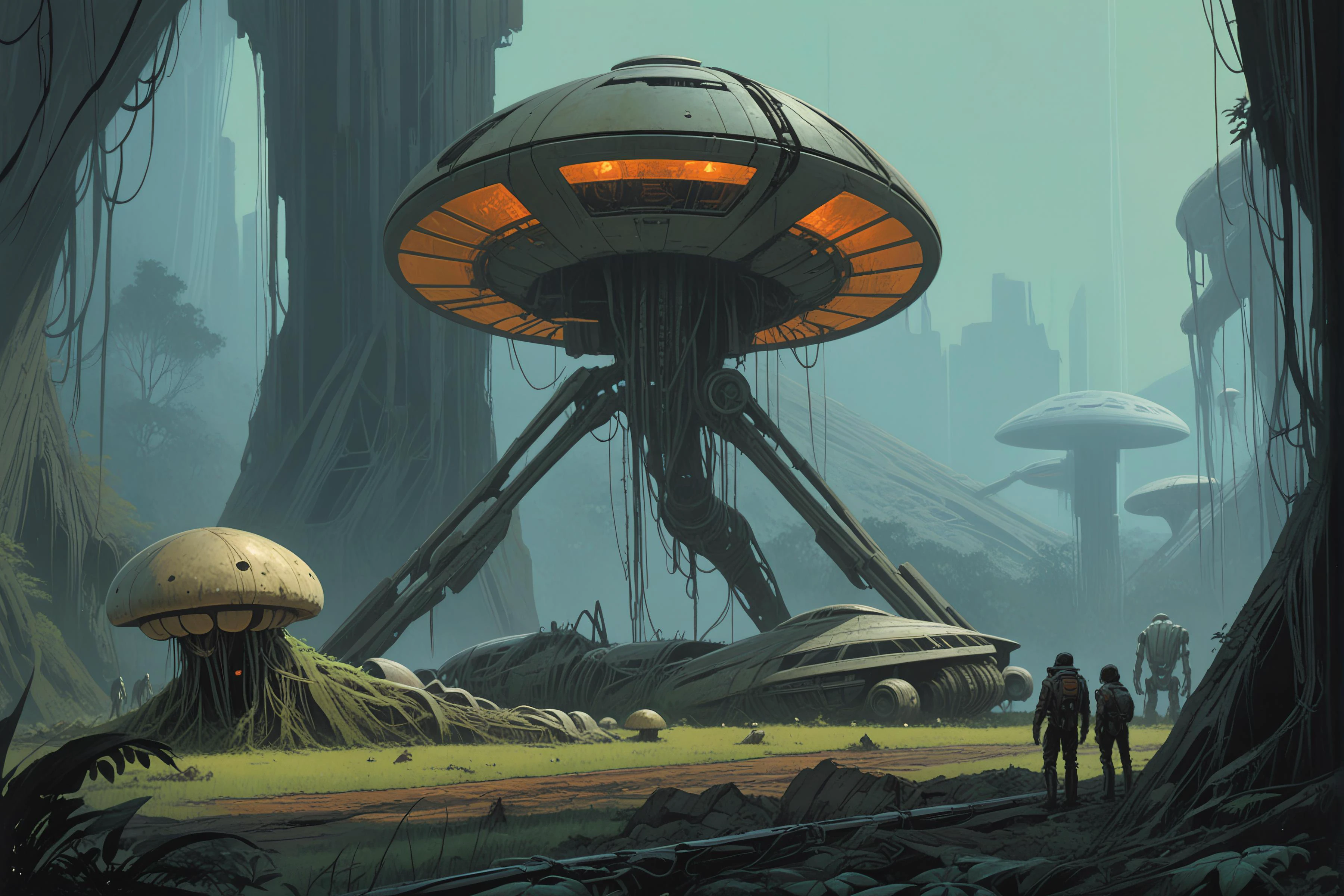 empty grass and forest field with exploration team of a rusty (destroyed) giant alien spaceship in ruins, mech, metal and cables, glowing, giant creature skeleton rips, lianas, giant mushroom jungle, citadel junkyard, concept art by syd mead, strange and mysterious setting, (overgrown nature), surreal, towers and old spaceships in background, sharp details, blade runner, james gilleard artwork, <lora:concept_art_syd_mead:0.7>, <lora:FF-Style-James_Gilleard:0.7>