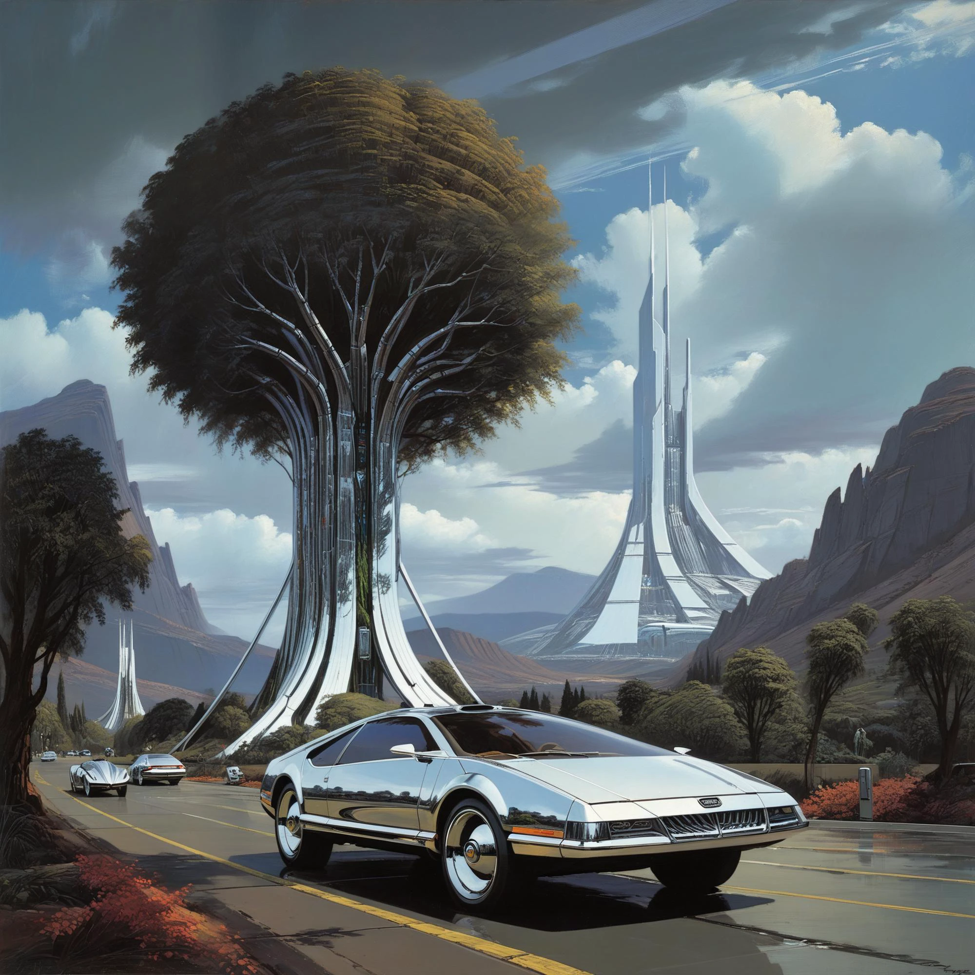 jhcst style oil painting with brushstrokes, of a cyber tree rising into the sky, a futuristic chrome car on a road, surrounded with great mountains and trees, concept art by syd mead, futuristic city towers in the back, dramatic clouds,
<lora:SDXLJohnConstable_v4:0.6>
<lora:concept_art_syd_mead:0.7>
