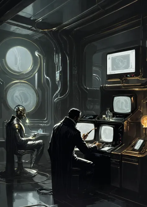 concept art by syd mead, retro futuristic,
d3qck artstyle
sherlock holmes,
holding smoking pipe
watching monitors, multiple multiple monitors, hologram,
messy room,
shadow, dim light, dark room. messy, detailed background,
science fiction, cyberpunk
retro dystopian futuristic
[(details:1.2): [ (many small details:1.3) : [ (many ultrasmall details: 1.2):(very detailed ultrasmall edges and microrelief:1.5):0.7 ]: 0.4 ] :0.2]
<lora:d3qck artstyle:0.7>
<lora:concept_art_syd_mead:0.7>