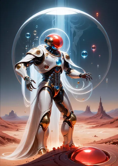 concept art by syd mead, retro futuristic,
d3qck artstyle
a friendly giant robot fighting in the desert of mars
close up 
 ((space_style:0.6), cosmic outer space theme:1.1), bubble-mage, joyful, dynamic pose, colorful mage robes, surrounded by magical red bubbles, rainbow, large bubbles, floating particles, foam, transclucent, swirling bubbles, mesmerizing, ethereal aura, bubbles in background, twinkle, ethereal atmosphere
shadows,   
glowing particles
[(details:1.2): [ (many small details:1.3) : [ (many ultrasmall details: 1.2):(very detailed ultrasmall edges and microrelief:1.5):0.7 ]: 0.4 ] :0.2]
<lora:d3qck artstyle:0.7>
<lora:concept_art_syd_mead:0.7>