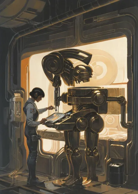 concept art by syd mead, retro futuristic,
d3qck artstyle
1 girl worker,  wearing overalls, fixing a robot, factory, shadows dramatic lighting
 [(details:1.2): [ (many small details:1.3) : [ (many ultrasmall details: 1.2):(very detailed ultrasmall edges and microrelief:1.5):0.7 ]: 0.4 ] :0.2]
<lora:d3qck artstyle:0.7>
<lora:concept_art_syd_mead:0.7>