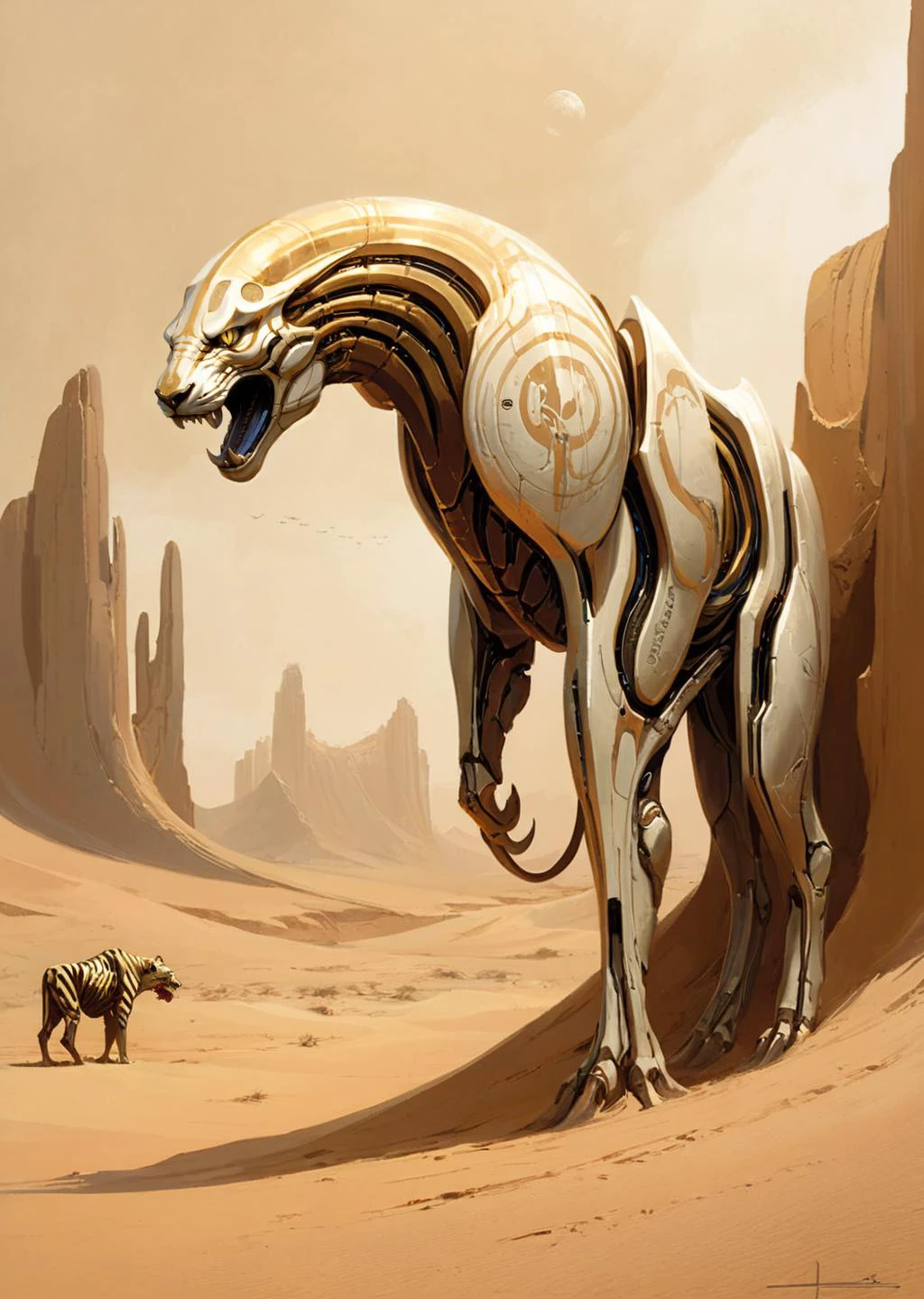 concept art by syd mead, retro futuristic,
d3qck artstyle
 A cybernetic Sabertooth roams the desert digital, expressionism, installation, nature, , surreal, whimsical
[(details:1.2): [ (many small details:1.3) : [ (many ultrasmall details: 1.2):(very detailed ultrasmall edges and microrelief:1.5):0.7 ]: 0.4 ] :0.2]
<lora:d3qck artstyle:0.7>
<lora:concept_art_syd_mead:0.7>