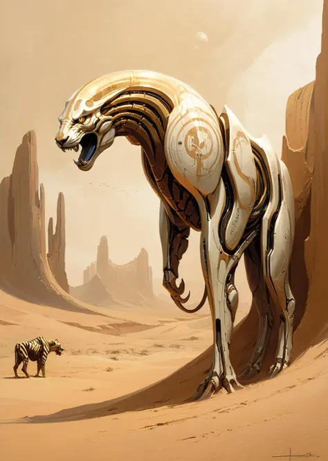 concept art by syd mead, retro futuristic,
d3qck artstyle
 A cybernetic Sabertooth roams the desert digital, expressionism, installation, nature, , surreal, whimsical
[(details:1.2): [ (many small details:1.3) : [ (many ultrasmall details: 1.2):(very detailed ultrasmall edges and microrelief:1.5):0.7 ]: 0.4 ] :0.2]
<lora:d3qck artstyle:0.7>
<lora:concept_art_syd_mead:0.7>