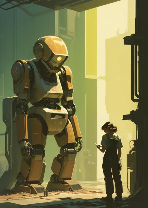 concept art by syd mead
by James Gilleard
1girl , worker overalls,  fixing a robot, factory,
 shadows
dramatic lighting 
<lora:FF-Style-James_Gilleard:0.7>
<lora:concept_art_syd_mead:0.5>
[(details:1.2): [ (many small details:1.3) : [ (many ultrasmall details: 1.2):(very detailed ultrasmall edges and microrelief:1.5):0.7 ]: 0.4 ] :0.2]