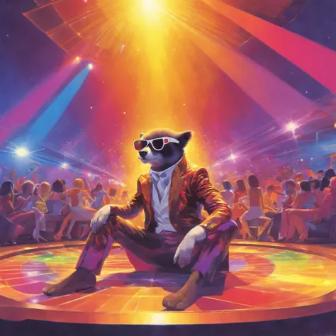 Focused on animal with sunglasses sitting in the middle of disco dance floor, explosion of light, open air sunny, lots of colored spot lights, disco dream, costume party, studio ghibli style, designed with the structural elegance of Syd Mead, overhead party in the action view, <lora:concept_art_syd_mead:1> <lora:studio_ghibli_xl_v1:1>