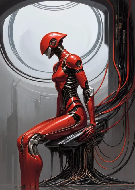 concept art by syd mead, retro futuristic,
d3qck artstyle
1girl, cyborg , sit on the ground detailed hands detailed body side view complex background long black straight hair mechanical arms red turtleneck tight messy room, mainframes tubes , wires Apocalyptic and post-apocalyptic fiction shadows, dramatic lighting 
[(details:1.2): [ (many small details:1.3) : [ (many ultrasmall details: 1.2):(very detailed ultrasmall edges and microrelief:1.5):0.7 ]: 0.4 ] :0.2]
<lora:d3qck artstyle:0.7>
<lora:concept_art_syd_mead:0.7>