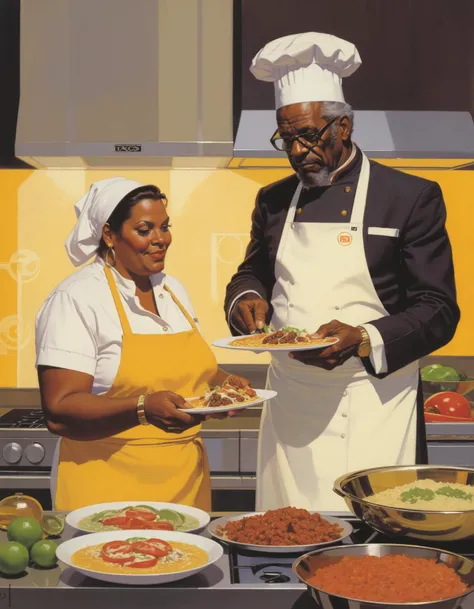 concept art by syd mead, an old black man wearing a chef outfit cooking with a fat woman, tacos,
<lora:concept_art_syd_mead:0.8>
