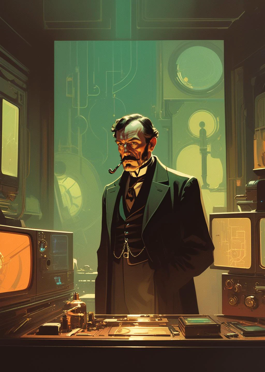 concept art by syd mead by James Gilleard
sherlock holmes, 
close up shot, 
holding smoking pipe
watching monitors, multiple multiple monitors, hologram,
messy room,  
shadow, flat color, chrome, 
retro dystopian futuristic
<lora:FF-Style-James_Gilleard:0.7>
<lora:concept_art_syd_mead:0.5>
[(details:1.2): [ (many small details:1.3) : [ (many ultrasmall details: 1.2):(very detailed ultrasmall edges and microrelief:1.5):0.7 ]: 0.4 ] :0.2]