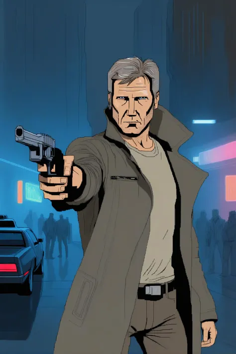 sketch, drawing of harrison ford as blade runner with pistol pointing a camera, flat colors, dark retro futuristic street in the background, neon lights, (cars:0.5), concept art by syd mead, MSPaint drawing, <lora:concept_art_syd_mead:0.75>, <lora:SDXL_MSPaint_Portrait:1.5>