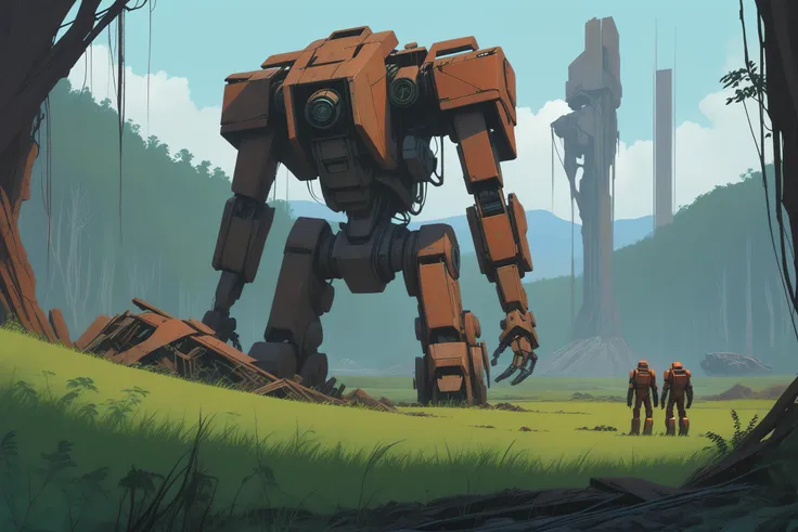 empty field with exploration team of a rusty destroyed giant mech in ruins, concept art by syd mead, strange and mysterious setting, overgrown nature, surreal, towers in background, <lora:concept_art_syd_mead:0.7>