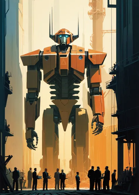 concept art by syd mead
by James Gilleard
 Amidst the towering scaffolding in a bustling factory, a giant robot, visibly damaged, is surrounded by diligent workers. They toil to repair the mechanical behemoth, a harmonious blend of human effort and cutting-edge technology
 shadows
vivid color, gradient, abstract shapes 
<lora:FF-Style-James_Gilleard:0.7>
<lora:concept_art_syd_mead:0.5>
[(details:1.2): [ (many small details:1.3) : [ (many ultrasmall details: 1.2):(very detailed ultrasmall edges and microrelief:1.5):0.7 ]: 0.4 ] :0.2]