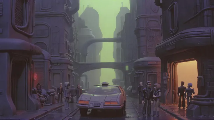 claymation movie scene of a retro futuristic city scape, wet street leading into the heart of the city, car and people in dark outfits, industrial pipes, concept art by syd mead, strange and mysterious setting, fog, night, neon light, blade runner, cyberpunk, (made-of-clay:1), <lora:concept_art_syd_mead:0.75>, <lora:DD-made-of-clay-XL-v2:0.75>