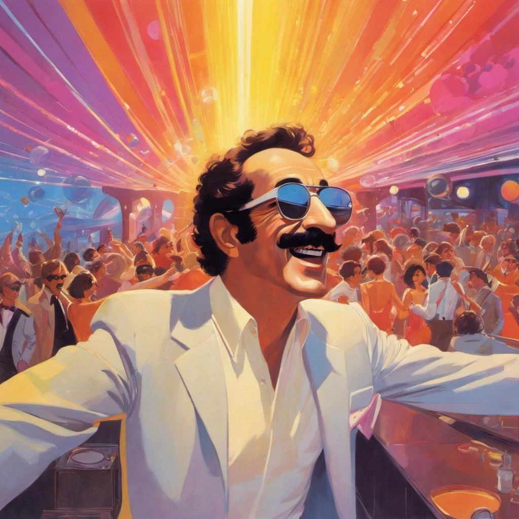Focused on Groucho Marx wearing sunglasses in the middle of disco dance floor, explosion of light, open air sunny, lots of colored spot lights, disco dream, studio ghibli style, designed with the structural elegance of Syd Mead, overhead party in the action view, <lora:concept_art_syd_mead:1> <lora:studio_ghibli_xl_v1:1>