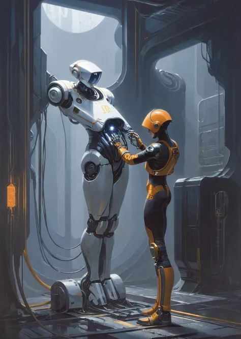 concept art by syd mead, retro futuristic,
d3qck artstyle
1 girl worker,  wearing overalls, fixing a robot, factory, shadows dramatic lighting
 [(details:1.2): [ (many small details:1.3) : [ (many ultrasmall details: 1.2):(very detailed ultrasmall edges and microrelief:1.5):0.7 ]: 0.4 ] :0.2]
<lora:d3qck artstyle:0.8>
<lora:concept_art_syd_mead:0.6>