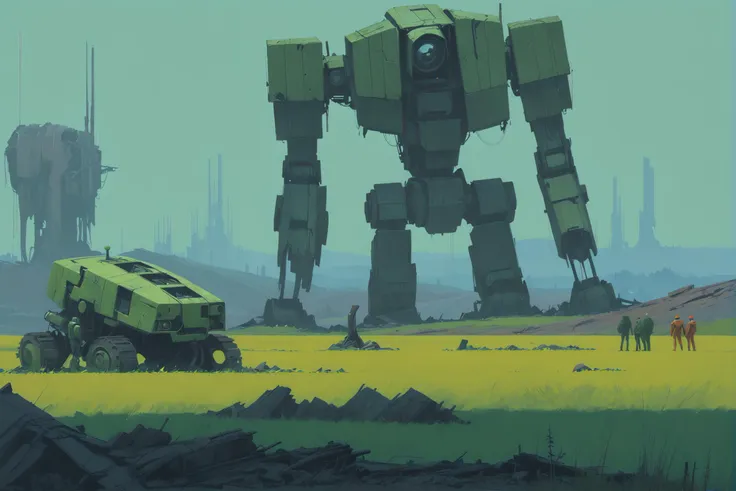 empty green field with exploration team of a rusty destroyed giant mech in ruins, concept art by syd mead, strange and mysterious setting, overgrown nature, surreal, towers in background, <lora:concept_art_syd_mead:0.7>