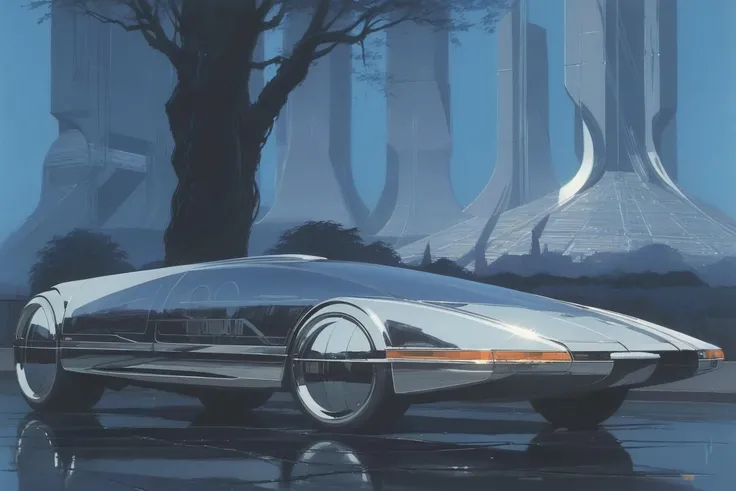 a retro futuristic chrome car in front of a city scape, concept art by syd mead, trees <lora:concept_art_syd_mead:0.8>