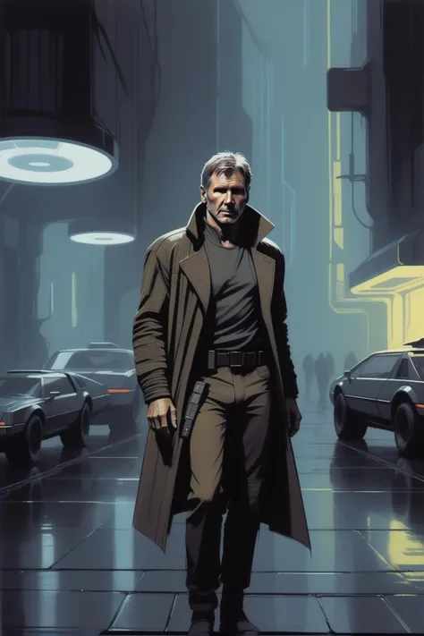 sketch, drawing of harrison ford as blade runner, flat colors, dark retro futuristic street in the background, neon lights, (cars:0.5), concept art by syd mead, <lora:concept_art_syd_mead:0.9>