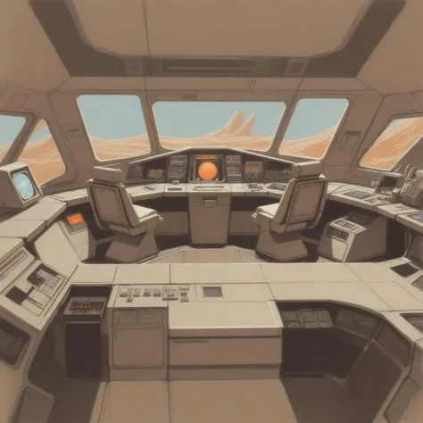 drawing of retro futuristic space ship cockpit, control room, 60s style, 60s consoles, consoles and screens, 50s concept art by syd mead, blade runner, <lora:concept_art_syd_mead:0.75>