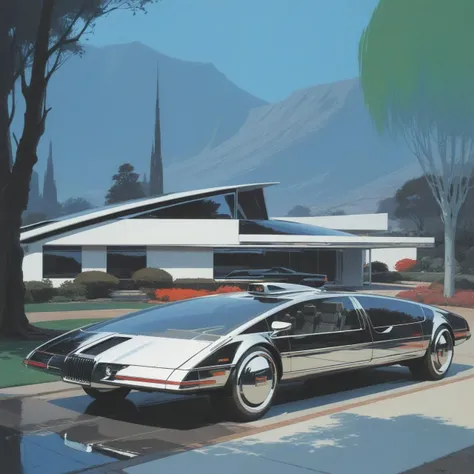 painting of an american house and a chrome car in the driveway, futuristic concept art by syd mead, <lora:concept_art_syd_mead:0.85>