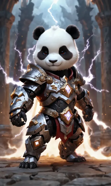 anthro humanoid male giant panda chibi knight, donned in intricate mecha suit with white cape, holding lightning, fullbody, battle stance, in an ancient arena