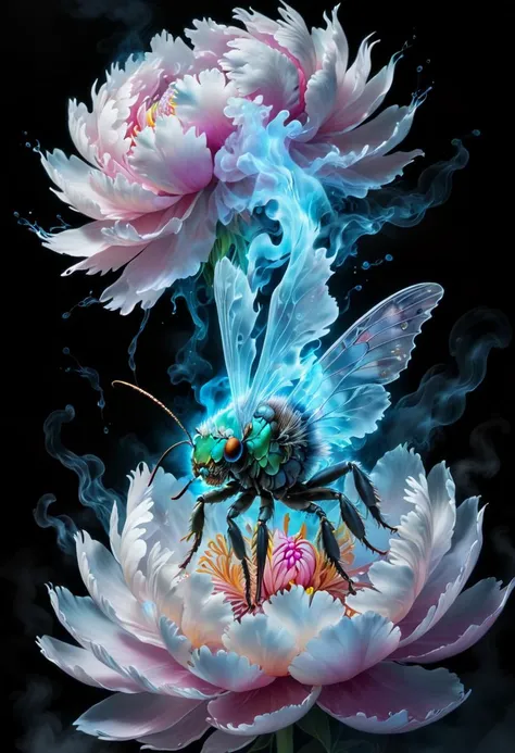 insect painting,
Holographic atmosphere,
sharp focus,
bioluminescence art,
white mohawk,
Liquified smoke background,
see-through glowing peony tattoo,