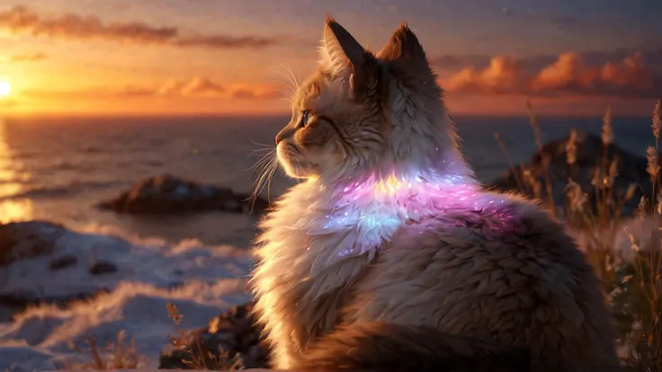 beautiful cat, illuminate fur, color fur, detailed, 8k, looking at the horizon