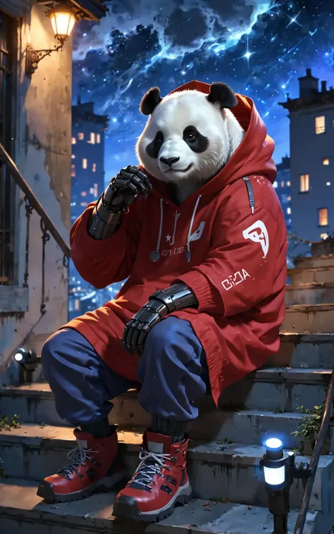 anthro humanoid male giant panda sitting on stairs on rooftop, has mechanical arms, mechanical hands, mechanical legs and mechanical boots, wears short sleeves red hoodie saying "404", cloak, oversized clothes, looking afar, city below, backlighting, night, moonlight, starry sky, shooting star, constellation