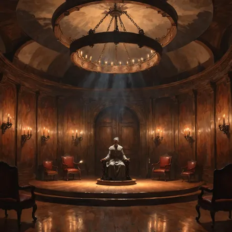 digital painting of a council chamber, somber lighting, candles, wood, metal, two thick engraved doors opening, A lone chair sits in the center of the room,
circular room, A wrought iron lamp hung from the ceiling, and several torches scattered along the walls illuminated the circular room,
a high backed wooden chair sits in the middle of the room facing , a single chair, high platform, four women, one man, At the back, seated on a semicircular platform, five figures observing from above, paying close attention.