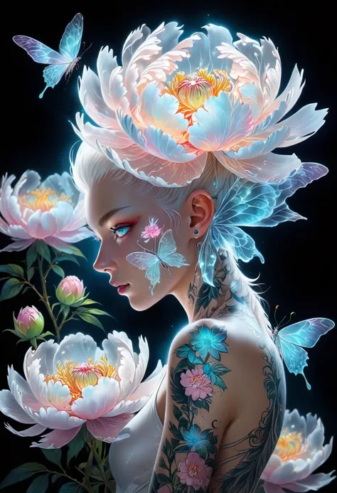 insect painting,
Holographic atmosphere,
sharp focus,
bioluminescence art,
white mohawk,
see-through glowing peony tattoo,