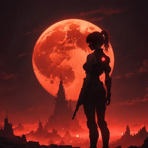 drawn style, anime style, solo,
surrealism, dark tones, cyberpunk warrior, glowing red moon, silhouette,, volumetric lighting, depth of field, cinematic