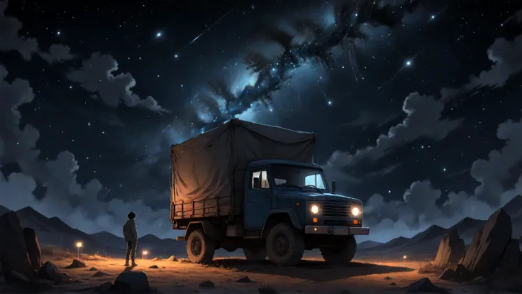 (anime, drawing:1.4), a small truck is parked in the dark under the stars of the night sky with a person standing on the truck, Amir Zand, astrophotography, a photo, space art