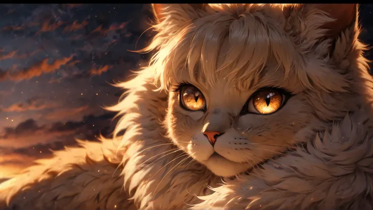 (anime, drawing:1.3), beautiful cat, illuminate fur, color fur, detailed, 8k, looking at the horizon, black eye
