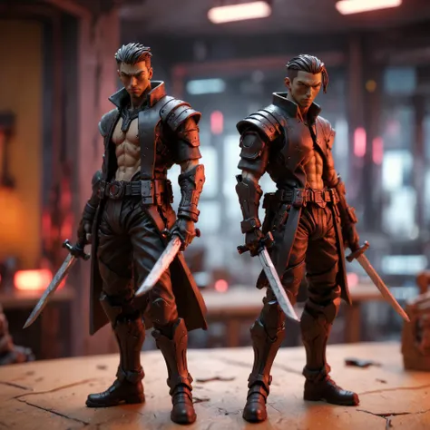 clay figurine, cyberpunk swordsmen, tabletop, indoors, holding swords, high detail, crisp, volumetric lighting, tilt shift