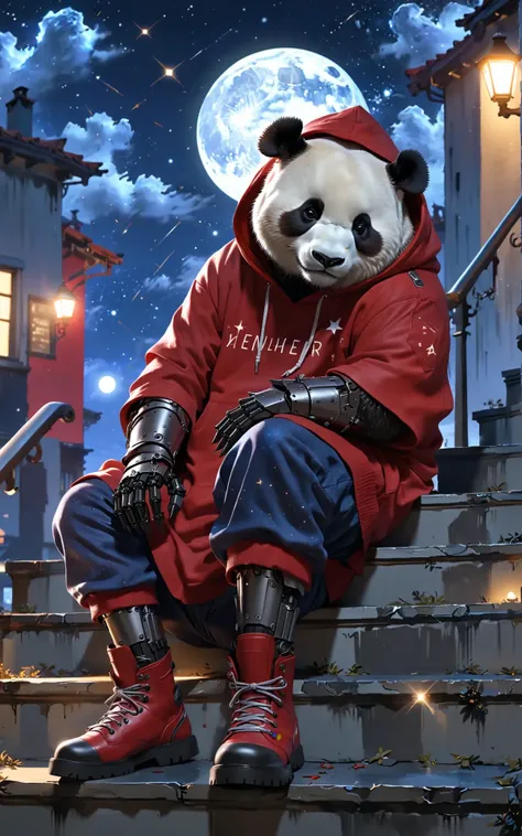 anthro humanoid male giant panda sitting on stairs on rooftop, has mechanical arms, mechanical hands, mechanical legs and mechanical boots, wears short sleeves red hoodie saying "404", cloak, oversized clothes, looking afar, city below, backlighting, night, moonlight, starry sky, shooting star, constellation