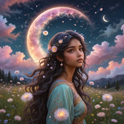 A whimsical dreamscape where a South Asian girl with flowing, flower-woven hair (hair_style:long, hair_ornament:flowers) skips through a field of bioluminescent dandelions that leave glittering trails in their wake (flora:bioluminescent_dandelions, effect:glitter_trail). Fluffy, pastel-colored clouds drift across a double moon in the twilight sky (sky:twilight, object:double_moon, cloud_style:fluffy, color:pastel)