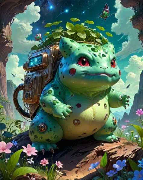 sci-fi, [designed by Karel Thole and Alan Bean::10], digital art, intricate details, robotic (Bulbasaur:1.3) , it is wearing a Primitivism Art fashion style cybernetics, spring background, vegetation, Stars in the sky, Sci-fi, surreal, psychedelic, book covers, perfect background, epic atmosphere, exquisite color, fine polished