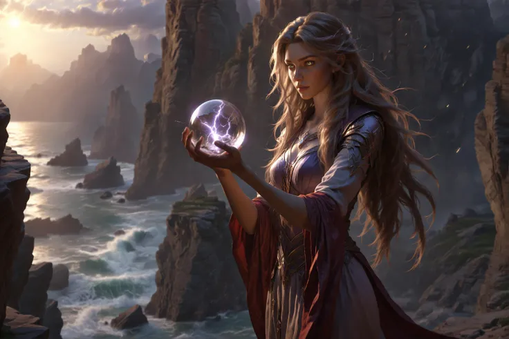 dnd psion , slender woman holding "glass orb with lightning inside", beautiful, flowing hair, majestic, crisp, cinematic, wide shot, full body, standing, , cliff edge, solo, dawn light, shadows, masterpiece, high detail, volumetric lighting, depth of field, cinematic